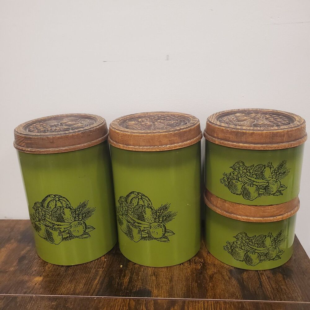 Vintage Cheinco Tin Canister Set Flour Coffee Tea  and Sugar 70's Green